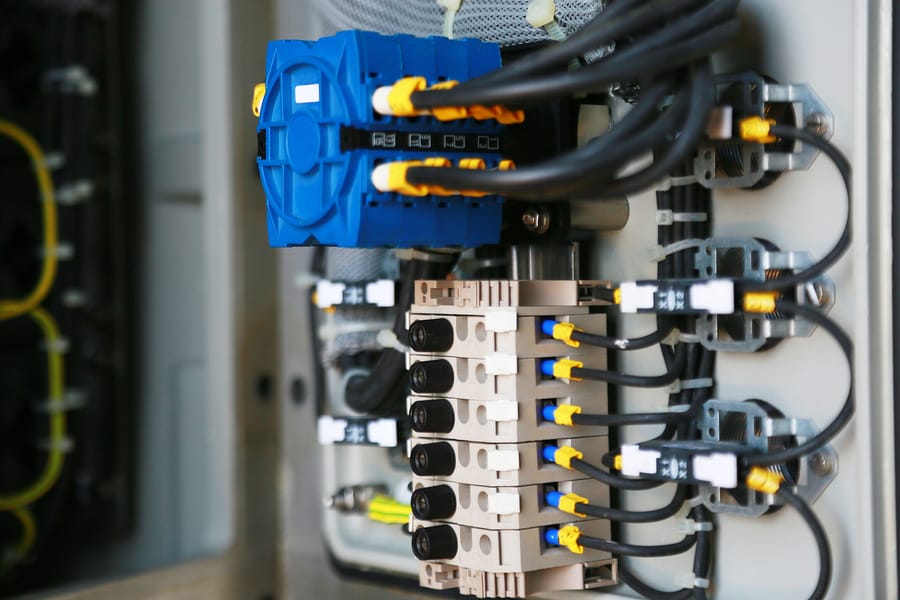An electrical panel with exposed wires.